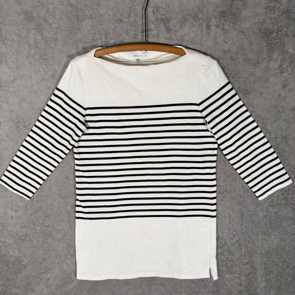 Milly Womens White Black Striped Boat Neck 3/4 Sleeve Cotton Top Size M Made USA